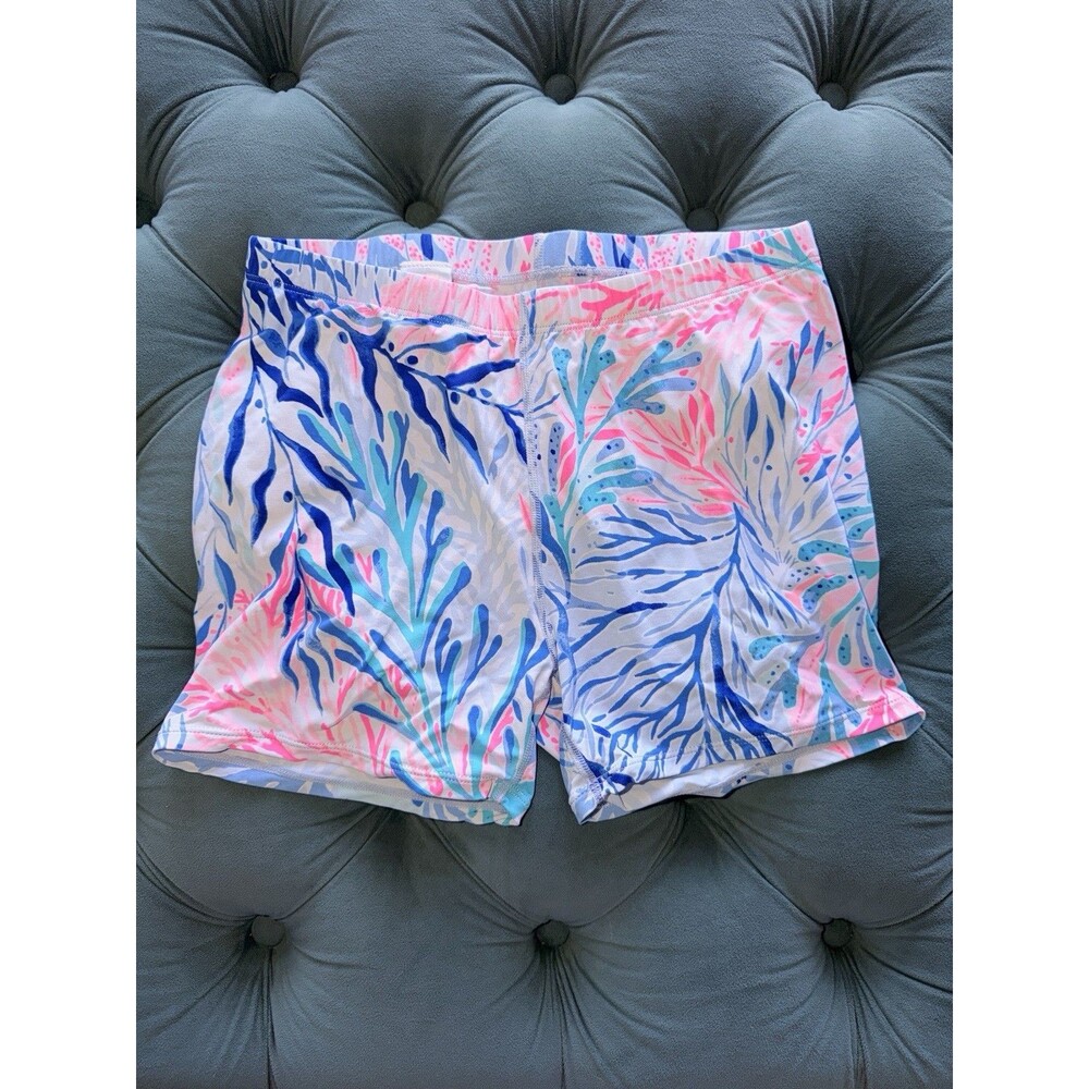 LILLY Pulitzer Luxletic Kaleidoscope Coral pull up shorts Size Small Blue Pink